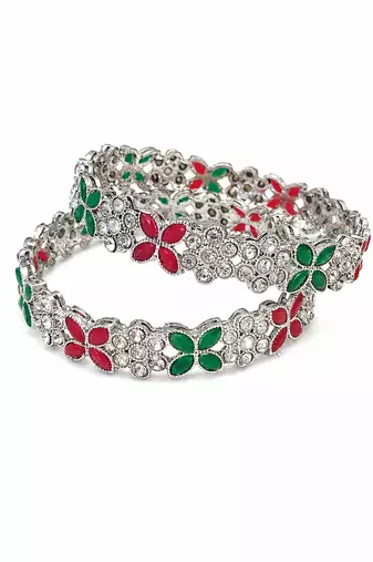 Silver-toned floral bangle set with red and green stones crystal embellished, marquise cut stones, set of 2 bangles.