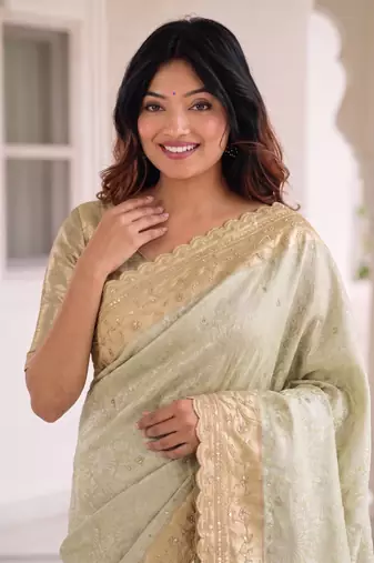 intriguing biege gold c-pallu embroidery work & cutwork arco border kanjivarm silk blend indian ceremonian saree