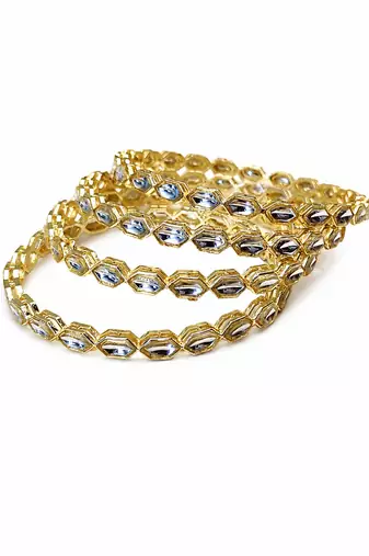 Gold-toned crystal bangles set of 4 for women kundan-style stones, stackable design, festive wear, hexagonal motifs.