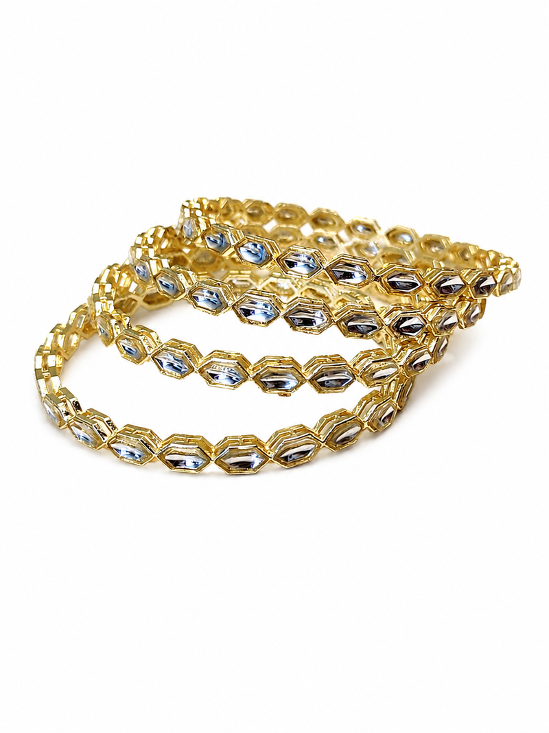Gold-toned crystal bangles set of 4 for women kundan-style stones, stackable design, festive wear, hexagonal motifs.