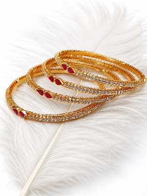 Gold-plated bangles set of 4 with ruby & white stones traditional design, teardrop ruby accent, crystal embellished. 1