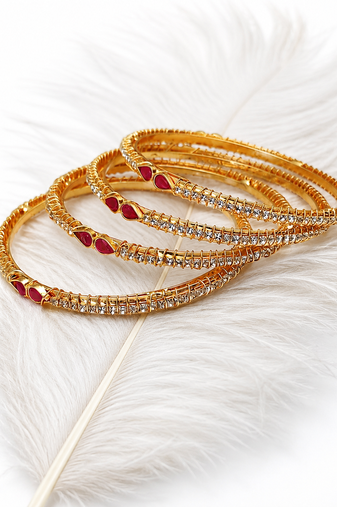 Gold-plated bangles set of 4 with ruby & white stones traditional design, teardrop ruby accent, crystal embellished.