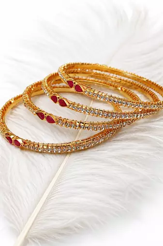 Gold-plated bangles set of 4 with ruby & white stones traditional design, teardrop ruby accent, crystal embellished.
