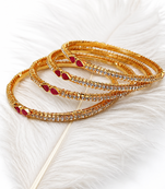 Gold-plated bangles set of 4 with ruby & white stones traditional design, teardrop ruby accent, crystal embellished.