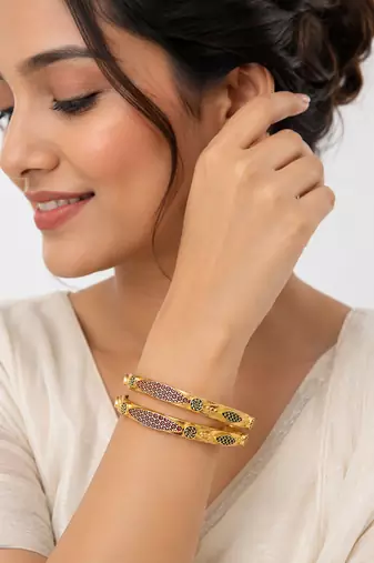 Gold-plated engraved bangles for women, set of 2 traditional design, floral engraving, ethnic wear, pair of bangles.