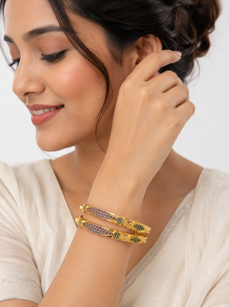Gold-plated engraved bangles for women, set of 2 traditional design, floral engraving, ethnic wear, pair of bangles.