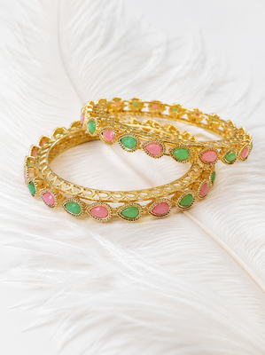 Gold-toned bangles with pink & green teardrop stones, set of 2 filigree design. 1