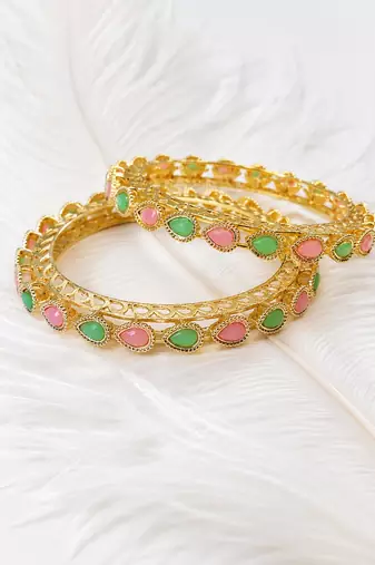 Gold-toned bangles with pink & green teardrop stones, set of 2 filigree design.