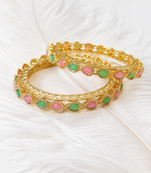 Gold-toned bangles with pink & green teardrop stones, set of 2 filigree design.