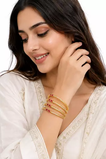Gold-plated bangles set of 4 with ruby & white stones traditional design, teardrop ruby accent, crystal embellished.