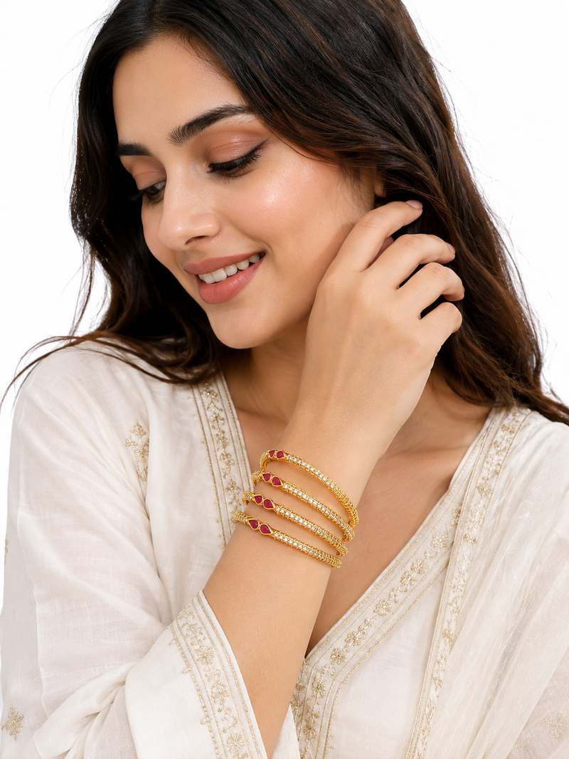Gold-plated bangles set of 4 with ruby & white stones traditional design, teardrop ruby accent, crystal embellished.