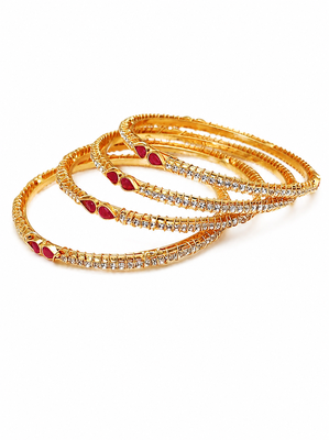 Gold-plated bangles set of 4 with ruby & white stones traditional design, teardrop ruby accent, crystal embellished. 3