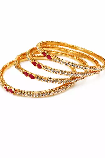 Gold-plated bangles set of 4 with ruby & white stones traditional design, teardrop ruby accent, crystal embellished.