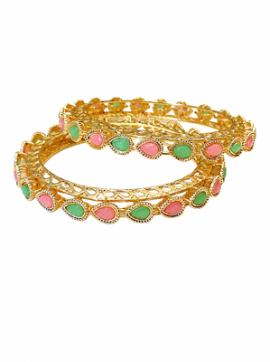 Gold-toned bangles with pink & green teardrop stones, set of 2 filigree design. 3