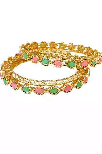 Gold-toned bangles with pink & green teardrop stones, set of 2 filigree design.