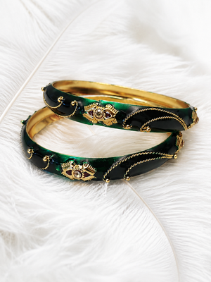 Green & black enamel gold-toned bangles with stone work, set of 2 kundan stone embellishment, traditional indian wear. 1