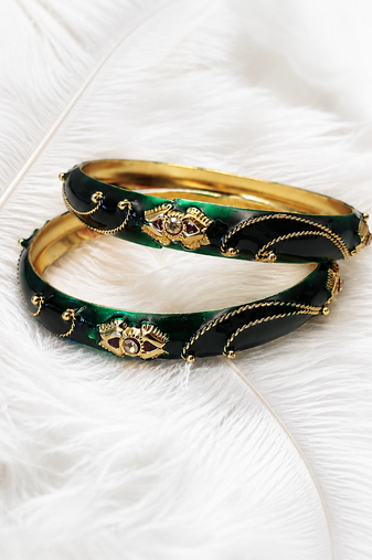 Green & black enamel gold-toned bangles with stone work, set of 2 kundan stone embellishment, traditional indian wear.