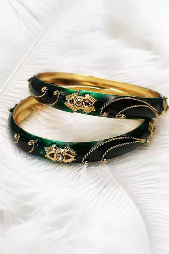 Green & black enamel gold-toned bangles with stone work, set of 2 kundan stone embellishment, traditional indian wear.