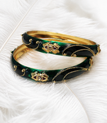 Green & black enamel gold-toned bangles with stone work, set of 2 kundan stone embellishment, traditional indian wear.
