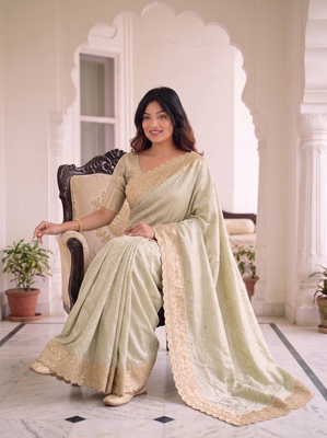 intriguing biege gold c-pallu embroidery work & cutwork arco border kanjivarm silk blend indian ceremonian saree 5