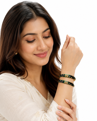 Green & black enamel gold-toned bangles with stone work, set of 2 kundan stone embellishment, traditional indian wear. 2