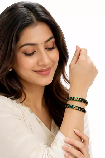 Green & black enamel gold-toned bangles with stone work, set of 2 kundan stone embellishment, traditional indian wear.