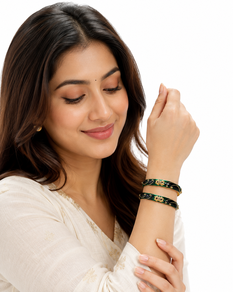 Green & black enamel gold-toned bangles with stone work, set of 2 kundan stone embellishment, traditional indian wear.