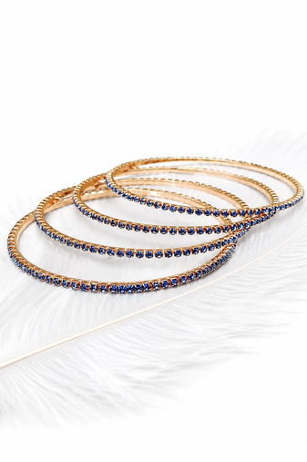 Blue crystal studded rose gold bangles, set of 4 stackable design, women's jewellery.