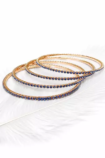 Blue crystal studded rose gold bangles, set of 4 stackable design, women's jewellery.