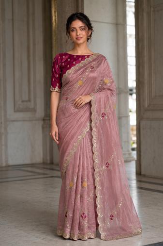 appetizing onion pink embroidery with cutwork border fendy satin indian designer bollywood saree