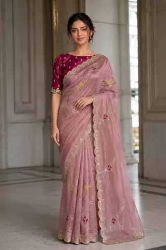appetizing onion pink embroidery with cutwork border fendy satin indian designer bollywood saree