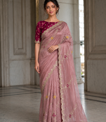 appetizing onion pink embroidery with cutwork border fendy satin indian designer bollywood saree