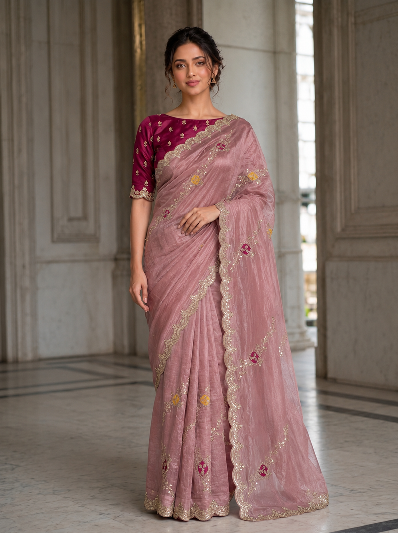appetizing onion pink embroidery with cutwork border fendy satin indian designer bollywood saree