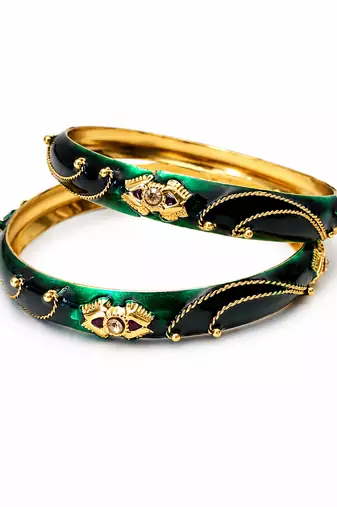 Green & black enamel gold-toned bangles with stone work, set of 2 kundan stone embellishment, traditional indian wear.