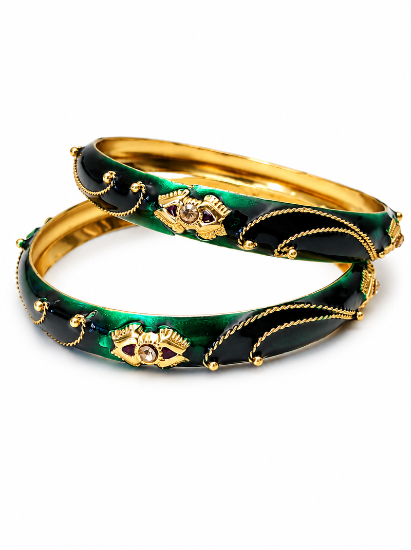 Green & black enamel gold-toned bangles with stone work, set of 2 kundan stone embellishment, traditional indian wear.