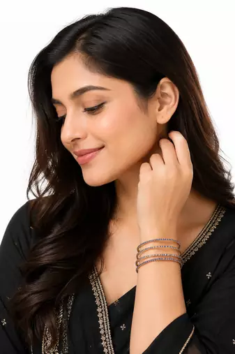Blue crystal studded rose gold bangles, set of 4 stackable design, women's jewellery.