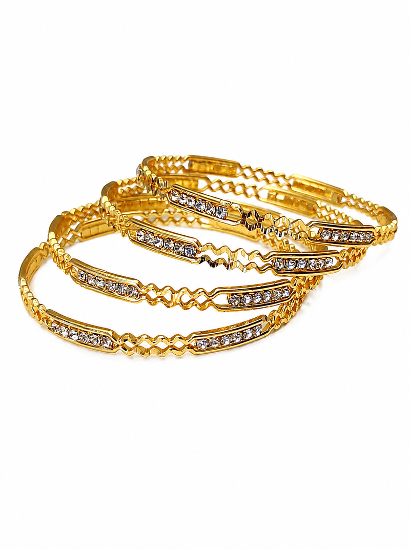 Gold-toned crystal studded bangles set of 4 for women rhinestone embellished, stackable design, ethnic wear.