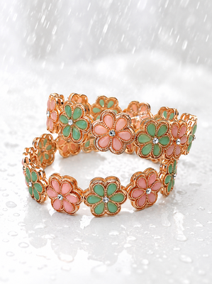 Crystal centre stone, set of 2 bangles, flower motif design, women's jewellery, festive wear 1
