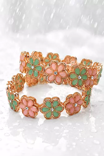 Crystal centre stone, set of 2 bangles, flower motif design, women's jewellery, festive wear