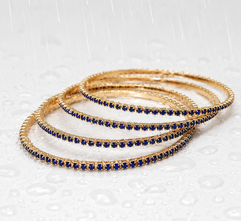 Blue crystal stone bangles, gold-toned, set of 4 stackable design, studded with crystals, festive wear, waterproof. 1