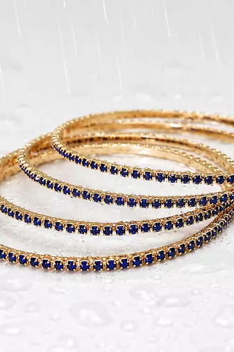 Blue crystal stone bangles, gold-toned, set of 4 stackable design, studded with crystals, festive wear, waterproof.
