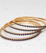 Blue crystal stone bangles, gold-toned, set of 4 stackable design, studded with crystals, festive wear, waterproof.