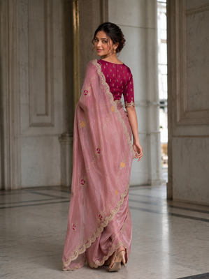 appetizing onion pink embroidery with cutwork border fendy satin indian designer bollywood saree 2