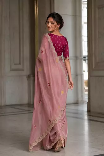 appetizing onion pink embroidery with cutwork border fendy satin indian designer bollywood saree