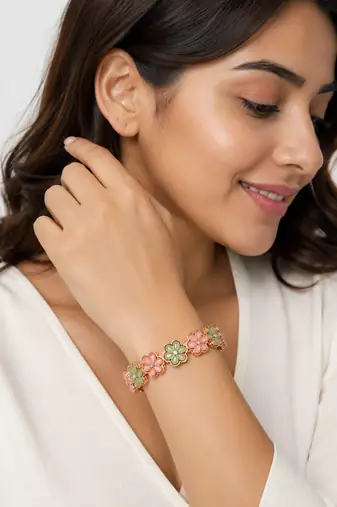 Crystal centre stone, set of 2 bangles, flower motif design, women's jewellery, festive wear