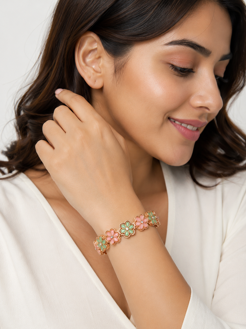 Crystal centre stone, set of 2 bangles, flower motif design, women's jewellery, festive wear