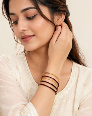 Gold-toned maroon enamel bangle set for women, set of 4 enamel finish, stackable design. 2
