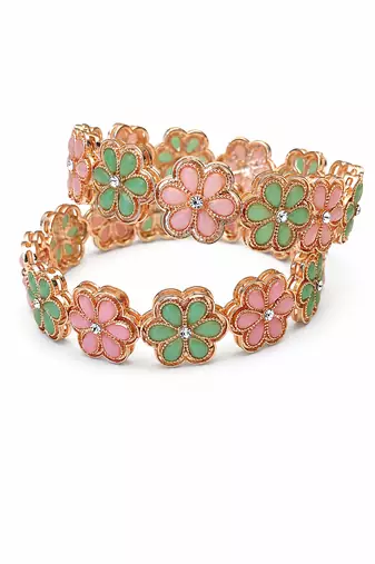 Crystal centre stone, set of 2 bangles, flower motif design, women's jewellery, festive wear