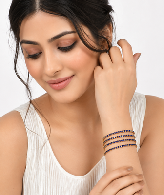 Blue crystal stone bangles, gold-toned, set of 4 stackable design, studded with crystals, festive wear, waterproof. 2
