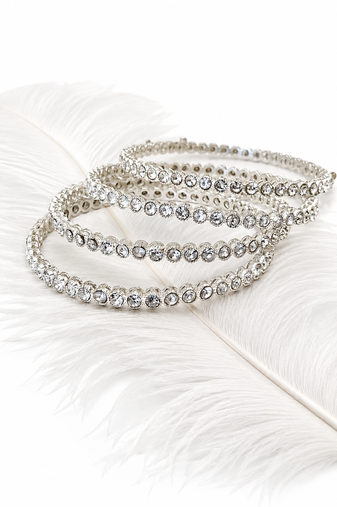Set of 4 bangles, round cut crystals, stackable design, bridal wear, silver finish